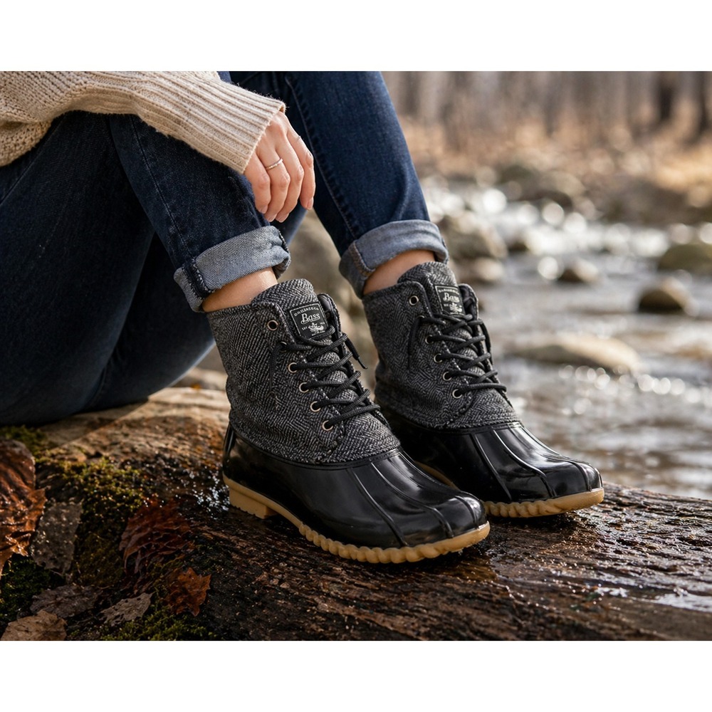 G.H. Bass Duck Boots Womens 8 Black Grey Herringbone Waterproof Lace Up